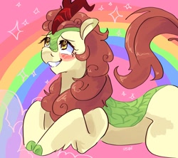 Size: 2048x1820 | Tagged: safe, artist:dmitrymemovznok, derpibooru import, autumn blaze, kirin, awwtumn blaze, blushing, cloven hooves, cute, female, lying down, rainbow, smiling, solo