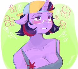 Size: 2048x1820 | Tagged: safe, artist:dmitrymemovznok, derpibooru import, twilight sparkle, anthro, unicorn, backwards ballcap, bare shoulders, baseball cap, blushing, breasts, bust, cap, cleavage, clothes, glasses, hat, headlight sparkle, solo