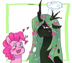 Size: 2048x1820 | Tagged: safe, artist:dmitrymemovznok, derpibooru import, pinkie pie, queen chrysalis, changeling, earth pony, pony, bow, bust, duo, frown, heart, open mouth, smiling