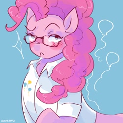 Size: 2048x2048 | Tagged: safe, artist:dmitrymemovznok, derpibooru import, pinkie pie, earth pony, pony, blushing, clothes, eyebrows, frown, glasses, raised eyebrow, simple background, solo, standing