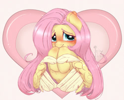 Size: 1000x804 | Tagged: safe, artist:inkypuso, derpibooru import, fluttershy, pegasus, pony, blushing, cute, daaaaaaaaaaaw, ear blush, female, heart, heart background, holiday, hooves to the chest, looking at you, mare, shy, shyabetes, smiling, smiling at you, solo, valentine's day, wing hands, wings