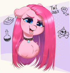 Size: 951x1000 | Tagged: safe, artist:inkypuso, derpibooru import, pinkie pie, earth pony, pony, bust, chest fluff, choker, ear piercing, earring, ears, female, floppy ears, jewelry, looking at you, mare, open mouth, open smile, piercing, pinkamena diane pie, punkie pie, smiling, smiling at you, solo, spiked choker, tongue, tongue out, tongue piercing