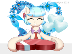 Size: 1524x1152 | Tagged: safe, artist:vinilyart, derpibooru import, coco pommel, earth pony, pony, balloon, box of chocolates, chocolate, cocobetes, cute, eyes closed, flower, food, heart, heart balloon, hearts and hooves day, holiday, looking at you, open mouth, open smile, simple background, smiling, smiling at you, valentine's day, white background