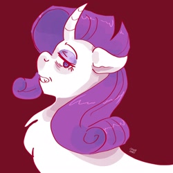 Size: 2048x2048 | Tagged: safe, artist:dmitrymemovznok, derpibooru import, rarity, pony, unicorn, bags under eyes, bust, chest fluff, red background, side view, simple background, smiling, smirk, solo