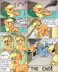 Size: 2189x2688 | Tagged: safe, artist:galaxy swirl, derpibooru import, applejack, rainbow dash, earth pony, pegasus, pony, appledash, applejack's hat, bed, blanket, clothes, comic, cowboy hat, dialogue, exclamation point, female, fire, frying pan, hat, interrobang, lesbian, onomatopoeia, oven, question mark, shipping, smoke, sound effects, speech bubble, zzz