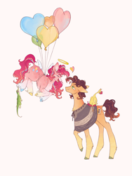 Size: 3375x4500 | Tagged: safe, artist:qpnnn, derpibooru import, boneless, cheese sandwich, gummy, pinkie pie, alligator, earth pony, pony, balloon, biting, cheesepie, clothes, female, floating, floating heart, halo, heart, heart balloon, hooves, male, mare, multicolored hooves, poncho, shipping, simple background, socks, stallion, straight, tail, tail bite, then watch her balloons lift her up to the sky, unshorn fetlocks, white background