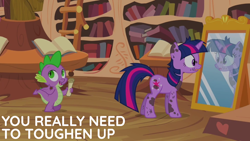 Size: 1920x1080 | Tagged: safe, derpibooru import, edit, edited screencap, editor:quoterific, screencap, spike, twilight sparkle, unicorn twilight, dragon, pony, unicorn, it's about time, season 2, book, bookshelf, dirty, duo, duo male and female, female, frown, golden oaks library, ladder, looking, looking back, male, mare, messy, messy mane, mirror, open mouth, open smile, reflection, scroll, scuff mark, smiling