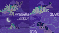 Size: 2000x1125 | Tagged: safe, derpibooru import, edit, edited screencap, editor:quoterific, screencap, princess celestia, twilight sparkle, twilight sparkle (alicorn), alicorn, pony, horse play, cloud, crescent moon, crown, duo, duo female, ears, ethereal mane, ethereal tail, female, floppy ears, flying, hoof shoes, jewelry, mare, moon, night, night sky, open mouth, open smile, peytral, regalia, sad, sky, smiling, spread wings, tail, wings