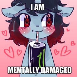 Size: 2048x2048 | Tagged: safe, artist:dmitrymemovznok, derpibooru import, pony, unicorn, blushing, drinking straw, ear piercing, food, freckles, gradient background, heart, meme, monster energy, piercing, sitting, solo, text, wingding eyes