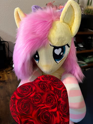Size: 1350x1800 | Tagged: safe, artist:natureshy, derpibooru import, fluttershy, original species, pegasus, pony, clothes, cute, heart, heart eyes, hearts and hooves day, holiday, irl, photo, plush pony, plushie, pony plushie, present, socks, solo, striped socks, valentine, valentine's day, wingding eyes