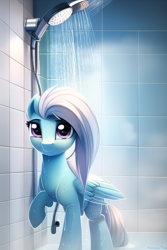 Size: 512x768 | Tagged: safe, derpibooru import, generator:novelai, generator:stable diffusion, machine learning generated, fleetfoot, pegasus, pony, female, mare, shower, solo, steam, water, wet, wet mane