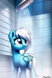 Size: 512x768 | Tagged: safe, derpibooru import, generator:novelai, generator:stable diffusion, machine learning generated, fleetfoot, pegasus, pony, alternate cutie mark, female, mare, shower, solo, steam, water, wet, wet mane, wrong cutie mark