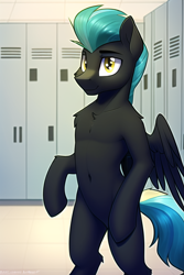 Size: 512x768 | Tagged: safe, derpibooru import, generator:novelai, generator:stable diffusion, machine learning generated, thunderlane, pegasus, pony, semi-anthro, belly button, bipedal, chest fluff, locker room, male, solo, stallion