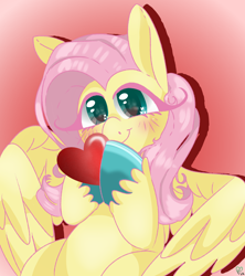 Size: 1000x1127 | Tagged: safe, artist:pagophasia, derpibooru exclusive, derpibooru import, fluttershy, pegasus, pony, blushing, colored hooves, cute, cutie mark eyes, daaaaaaaaaaaw, drop shadow, eye reflection, female, gradient background, happy, heart, hearts and hooves day, hoof hold, hooves together, impossibly long eyelashes, looking at you, mare, pink background, reflection, shyabetes, simple background, smiling, smiling at you, solo, unshorn fetlocks, weapons-grade cute, wingding eyes, wings