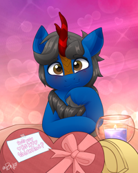 Size: 2082x2598 | Tagged: safe, artist:rivin177, derpibooru import, oc, oc:flare flare, oc:harvest duran, kirin, pony, blushing, candle, chocolate, commission, date, food, heart, heart eyes, hearts and hooves day, holiday, hooves, horn, kirin oc, message, raised hoof, raised leg, ribbon, shy, smiling, solo focus, table, valentine's day, wingding eyes, ych result
