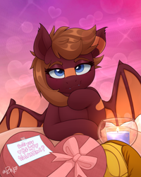 Size: 2082x2598 | Tagged: safe, artist:rivin177, derpibooru import, oc, oc:cocoa buei, bat pony, pony, candle, chocolate, commission, date, food, heart, heart eyes, hearts and hooves day, holiday, hooves, horn, message, raised hoof, raised leg, ribbon, smiling, solo focus, table, valentine's day, wingding eyes, ych result