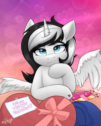 Size: 2082x2598 | Tagged: safe, artist:rivin177, derpibooru import, oc, alicorn, pony, blushing, candle, chocolate, commission, date, food, heart, heart eyes, hearts and hooves day, holiday, hooves, horn, message, raised hoof, raised leg, ribbon, sexy eyes, smiling, solo focus, spread wings, table, valentine's day, valentine's day card, wingding eyes, wings, ych result