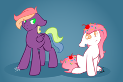 Size: 1280x853 | Tagged: safe, artist:sinclair2013, derpibooru import, oc, oc only, oc:icing delight, oc:soft ray, earth pony, pegasus, pony, duo, female, mare, sitting