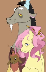 Size: 772x1202 | Tagged: safe, artist:limbteeth, derpibooru import, discord, fluttershy, oc, draconequus, pegasus, pony, discoshy, female, lidded eyes, male, offspring, shipping, smiling, straight