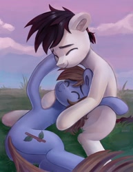 Size: 1418x1834 | Tagged: safe, artist:krista-21, derpibooru import, oc, earth pony, pony, cuddling, duo, eyes closed, hoof on cheek, lying down, oc x oc, shipping, smiling