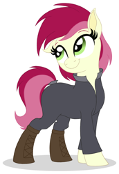 Size: 1100x1600 | Tagged: safe, artist:roseluck, derpibooru exclusive, derpibooru import, roseluck, earth pony, pony, fallout equestria, alternate hairstyle, boots, clothes, female, full body, jumpsuit, looking up, mare, shoes, short hair, simple background, smiling, solo, standing, tail, three quarter view, white background