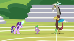 Size: 1280x720 | Tagged: safe, derpibooru import, screencap, discord, spike, starlight glimmer, draconequus, dragon, pony, unicorn, a matter of principals, season 8, spoiler:s08, angry, crossed arms, female, looking at each other, looking at someone, male, mare, this will end in fight, trio, unamused, winged spike, wings