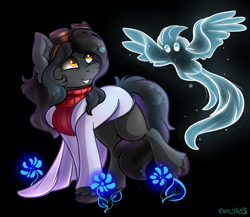 Size: 1680x1457 | Tagged: safe, artist:yuris, derpibooru import, oc, oc only, oc:silent echoes, earth pony, pony, bathrobe, black background, clothes, ears up, female, flower, goggles, robe, simple background, smiling, solo, spirit