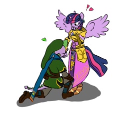 Size: 1057x970 | Tagged: safe, anonymous artist, derpibooru exclusive, derpibooru import, spike, twilight sparkle, twilight sparkle (alicorn), alicorn, anthro, dragon, clothes, cosplay, costume, dress, expressions, female, hand kiss, hat, heart, husband and wife, link, linkspike, male, mare, married couple, older, older spike, princess zelda, romantic, shipping, straight, the legend of zelda, tunic, twispike, twizelda