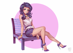Size: 3372x2447 | Tagged: safe, artist:rauschengirl, derpibooru import, rarity, human, bare shoulders, chair, clothes, high heels, high res, humanized, jewelry, kotobukiya, kotobukiya rarity, legs, miniskirt, rarity peplum dress, shoes, simple background, sitting, skirt, sleeveless, solo, stiletto heels, strapless, white background