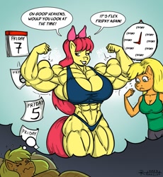 Size: 1397x1520 | Tagged: safe, artist:ritualist, derpibooru import, apple bloom, applejack, anthro, earth pony, abs, apple bloom's bow, apple bloomed, apple brawn, apple sisters, applerack, armpits, art trade, biceps, bodybuilder, bow, breasts, buff breasts, clock, clothes, comparison, dialogue, duo, emanata, female, flexing, hair bow, mare, muscles, muscular female, nightmare, older, older apple bloom, pecs, siblings, sisters, skinny, speech bubble, swimsuit, thighs, thunder thighs, triceps