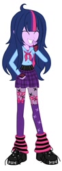 Size: 464x1280 | Tagged: safe, artist:selenaede, derpibooru import, twilight sparkle, human, equestria girls, g4, ahoge, alternate clothes, alternate hairstyle, bangs, base used, boots, bow, buttons, clothes, eyes closed, female, fingerless gloves, garter, garter straps, garters, giggling, gloves, hand over mouth, highlights, laughing, leg warmers, long hair, long socks, plaid, plaid skirt, platform boots, platform shoes, shoes, simple background, skirt, skull, smiling, socks, solo, spikes, stars, striped gloves, stripes, teeth, tights, white background