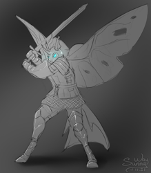 Size: 1052x1200 | Tagged: safe, artist:sunny way, derpibooru import, oc, oc only, anthro, changeling, armor, chitin, epic, glowing, horn, knight, male, my little pony, patreon, patreon reward, solo, stallion, sword, weapon, wings