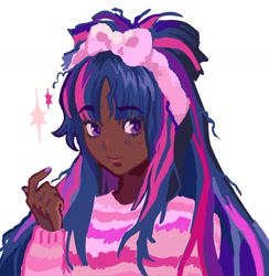 Size: 1276x1307 | Tagged: safe, artist:cookibites, derpibooru import, twilight sparkle, human, bow, bust, dark skin, eyebrows, eyebrows visible through hair, hair bow, humanized, raised hand, solo