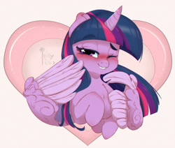 Size: 1000x848 | Tagged: safe, artist:inkypuso, derpibooru import, twilight sparkle, twilight sparkle (alicorn), alicorn, pony, blushing, cute, female, grin, heart, lip bite, looking at you, mare, one eye closed, smiling, smiling at you, solo, twiabetes, wing hands, wings, wink, winking at you