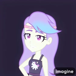 Size: 2048x2048 | Tagged: safe, artist:rainbowstarcolour262, derpibooru import, machine learning generated, snow flower, human, equestria girls, bare shoulders, black background, clothes, female, hand on hip, headband, midriff, simple background, sleeveless, solo, tanktop, watermark