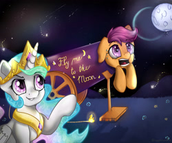 Size: 3000x2500 | Tagged: safe, artist:appleneedle, derpibooru import, princess celestia, scootaloo, alicorn, firefly (insect), insect, pegasus, pony, cannon, crown, duo, duo female, female, fire, fuse, grass, high res, jewelry, moon, night, pony cannonball, regalia, slapstick, stars, sweat, sweatdrop, this will end in tears and/or a journey to the moon, to the moon