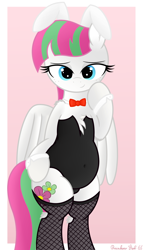 Size: 2309x4032 | Tagged: safe, artist:rainbowšpekgs, derpibooru import, blossomforth, pegasus, pony, adorasexy, bedroom eyes, belly, belly button, bipedal, bowtie, bunny ears, bunny suit, chest fluff, chubby, clothes, cute, female, fishnets, freckles, looking at you, mare, sexy, simple background, solo, solo female