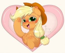 Size: 1000x810 | Tagged: safe, artist:inkypuso, derpibooru import, applejack, earth pony, pony, blushing, bust, chest fluff, female, freckles, heart, holiday, looking at you, mare, open mouth, open smile, raised hoof, raised leg, smiling, smiling at you, solo, valentine's day