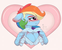 Size: 1000x809 | Tagged: safe, artist:inkypuso, derpibooru import, rainbow dash, pegasus, pony, blushing, bust, feather fingers, female, heart, heart hands, holiday, looking away, mare, solo, tsunderainbow, tsundere, valentine's day, wing hands, wings