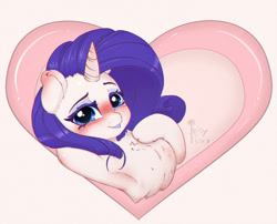 Size: 1000x807 | Tagged: safe, artist:inkypuso, derpibooru import, rarity, pony, unicorn, armpits, blushing, chest fluff, female, heart, holiday, looking at you, makeup, mare, solo, valentine's day