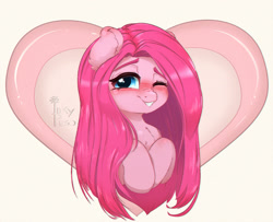 Size: 1000x812 | Tagged: safe, artist:inkypuso, derpibooru import, pinkie pie, earth pony, pony, blushing, chest fluff, female, heart, holiday, long mane, looking at you, mare, one eye closed, smiling, smiling at you, solo, valentine's day, wink