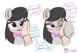 Size: 1992x1356 | Tagged: safe, artist:aceslingerexo, derpibooru import, octavia melody, earth pony, human, pony, blushing, bust, cute, dialogue, female, grammar error, hand, looking at you, mare, offscreen character, offscreen human, one eye closed, petting, pov, simple background, smiling, smiling at you, solo focus, speech bubble, talking, talking to viewer, tavibetes, text, white background