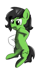 Size: 478x943 | Tagged: safe, artist:nonnyanon, ponerpics import, oc, oc:anon filly, earth pony, pony, eating, female, filly, foal, hoof hold, partial color, simple background, sitting, solo, white background