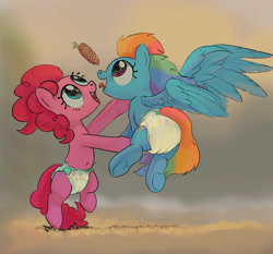 Size: 1911x1783 | Tagged: safe, artist:asdfasfasda, derpibooru import, pinkie pie, rainbow dash, earth pony, pegasus, pony, adult foal, belly, diaper, duo, jumping, laughing, non-baby in diaper, outdoors, pinecone, playing, rear view, rearing, smiling, tongue, tongue out