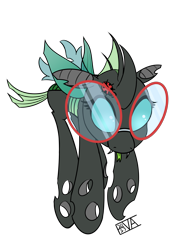 Size: 4000x5500 | Tagged: safe, artist:evan555alpha, oc, oc only, oc:yvette (evan555alpha), changeling, ladybug, evan's daily buggo ii, broach, changeling oc, colored sketch, dorsal fin, elytra, fangs, female, forked tongue, glasses, green tongue, hopping, pronking, round glasses, signature, simple background, sketch, solo, spread wings, tongue, tongue out, transparent background