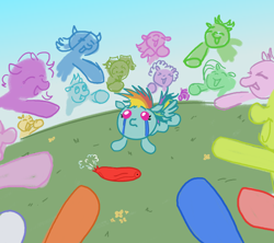 Size: 1800x1600 | Tagged: safe, artist:thunderpibb, derpibooru import, rainbow dash, pegasus, pony, abuse, ball, bully, bullying, crying, dashabuse, deflated, dot eyes, eyes closed, female, filly, filly rainbow dash, flower, foal, grass, laughing, lying down, open mouth, open smile, outdoors, pointing, prone, smiling, spiky mane, spread wings, wings, younger