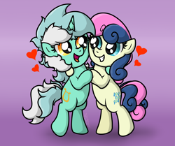 Size: 1842x1543 | Tagged: safe, artist:background basset, derpibooru import, bon bon, lyra heartstrings, sweetie drops, pony, unicorn, bipedal, bipedal leaning, duo, duo female, female, gradient background, hearts and hooves day, leaning, lesbian, lyrabon, open mouth, shipping