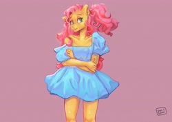 Size: 4096x2896 | Tagged: safe, artist:jaynsparkle, derpibooru import, fluttershy, anthro, pegasus, clothes, crossed arms, dress, female, high res, mare, off shoulder, purple background, signature, simple background, solo