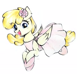 Size: 1918x1918 | Tagged: safe, artist:liaaqila, derpibooru import, oc, oc only, oc:artemis sparkshower, pegasus, pony, fanfic:everyday life with guardsmares, clothes, commission, dress, everyday life with guardsmares, female, flower, flower in hair, gala dress, guardsmare, looking at you, mare, pegasus oc, royal guard, shoes, simple background, solo, white background, wings