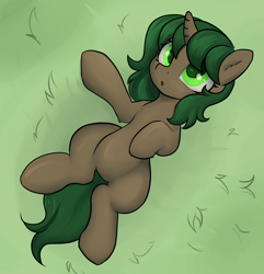 Size: 1976x2052 | Tagged: safe, artist:dumbwoofer, derpibooru import, oc, oc:pine shine, pony, unicorn, ear fluff, ears, female, grass, grass field, looking up, lying down, mare, on back, solo